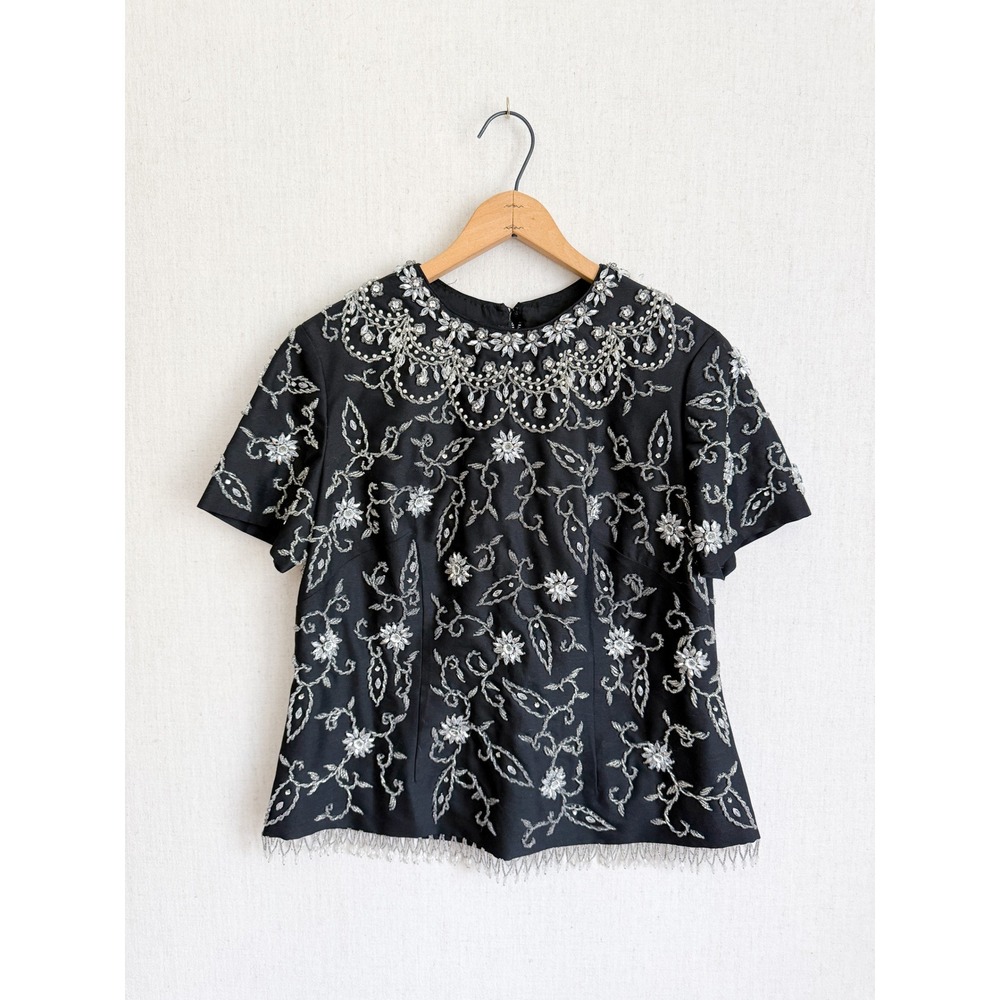Vintage Beaded Evening Blouse Floral Rhinestone Fringe Black Silver Top M